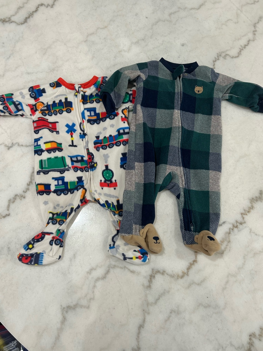 3 month baby footie zipper pajamas- green plaid & train print